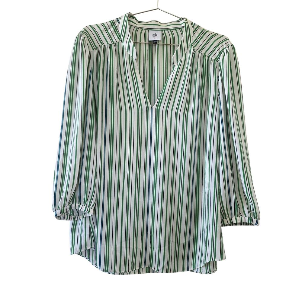 Cabi Green White Striped Popover Blouse Womens Large Split Neck Career Top
